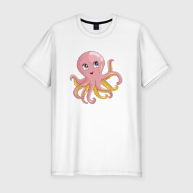 Мужская футболка хлопок Slim с принтом Осьминожка в Петрозаводске, 92% хлопок, 8% лайкра | приталенный силуэт, круглый вырез ворота, длина до линии бедра, короткий рукав | cute | octopus | милый | осьминог | осьминожка | тентакли