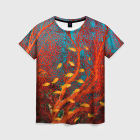 Женская футболка 3D с принтом Коралловые рыбки в Петрозаводске, 100% полиэфир ( синтетическое хлопкоподобное полотно) | прямой крой, круглый вырез горловины, длина до линии бедер | коралловые | море | океан | подводный мир | рифы | рыбки | рыбы