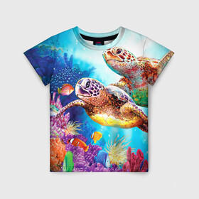 Детская футболка 3D с принтом Морские черепахи в Петрозаводске, 100% гипоаллергенный полиэфир | прямой крой, круглый вырез горловины, длина до линии бедер, чуть спущенное плечо, ткань немного тянется | Тематика изображения на принте: коралловые | море | морские | океан | подводный мир | рифы | рыбки | рыбы | черепахи