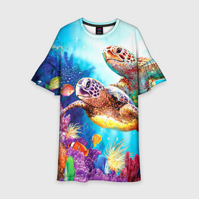Детское платье 3D с принтом Морские черепахи в Петрозаводске, 100% полиэстер | прямой силуэт, чуть расширенный к низу. Круглая горловина, на рукавах — воланы | Тематика изображения на принте: коралловые | море | морские | океан | подводный мир | рифы | рыбки | рыбы | черепахи