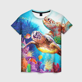 Женская футболка 3D с принтом Морские черепахи в Петрозаводске, 100% полиэфир ( синтетическое хлопкоподобное полотно) | прямой крой, круглый вырез горловины, длина до линии бедер | коралловые | море | морские | океан | подводный мир | рифы | рыбки | рыбы | черепахи