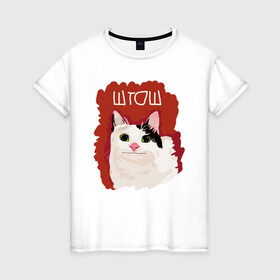 Женская футболка хлопок с принтом котик ШТОШ в Петрозаводске, 100% хлопок | прямой крой, круглый вырез горловины, длина до линии бедер, слегка спущенное плечо | кот | меме | прикол | штош | юмор