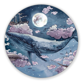 Коврик для мышки круглый с принтом Кит среди облаков в Петрозаводске, резина и полиэстер | круглая форма, изображение наносится на всю лицевую часть | кит | кит в облаках | луна | облака. корабль | рыбы