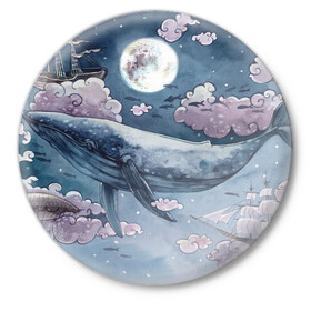 Значок с принтом Кит среди облаков в Петрозаводске,  металл | круглая форма, металлическая застежка в виде булавки | кит | кит в облаках | луна | облака. корабль | рыбы