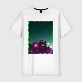 Мужская футболка хлопок Slim с принтом Ночной город в Петрозаводске, 92% хлопок, 8% лайкра | приталенный силуэт, круглый вырез ворота, длина до линии бедра, короткий рукав | city | light | moon | neon | night | stripes | город | месяц | неон | ночь | полосы | фонари