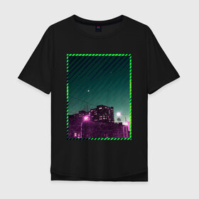 Мужская футболка хлопок Oversize с принтом Ночной город в Петрозаводске, 100% хлопок | свободный крой, круглый ворот, “спинка” длиннее передней части | city | light | moon | neon | night | stripes | город | месяц | неон | ночь | полосы | фонари