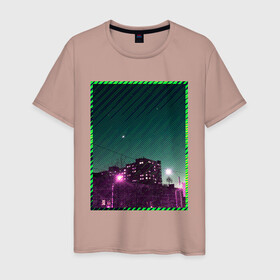 Мужская футболка хлопок с принтом Ночной город в Петрозаводске, 100% хлопок | прямой крой, круглый вырез горловины, длина до линии бедер, слегка спущенное плечо. | Тематика изображения на принте: city | light | moon | neon | night | stripes | город | месяц | неон | ночь | полосы | фонари
