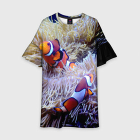 Детское платье 3D с принтом Клоуны в актинии в Петрозаводске, 100% полиэстер | прямой силуэт, чуть расширенный к низу. Круглая горловина, на рукавах — воланы | актиния | клоуны | коралловые | море | подводный мир | рыбки