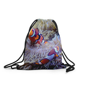 Рюкзак-мешок 3D с принтом Клоуны в актинии в Петрозаводске, 100% полиэстер | плотность ткани — 200 г/м2, размер — 35 х 45 см; лямки — толстые шнурки, застежка на шнуровке, без карманов и подкладки | актиния | клоуны | коралловые | море | подводный мир | рыбки