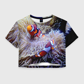 Женская футболка Crop-top 3D с принтом Клоуны в актинии в Петрозаводске, 100% полиэстер | круглая горловина, длина футболки до линии талии, рукава с отворотами | Тематика изображения на принте: актиния | клоуны | коралловые | море | подводный мир | рыбки