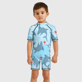 Детский купальный костюм 3D с принтом Акулы паттерн в Петрозаводске, Полиэстер 85%, Спандекс 15% | застежка на молнии на спине | shark | акула | акулы | жители | клыки | море | морские | океан | рыба