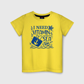 Детская футболка хлопок с принтом Мне нужен витамин Море в Петрозаводске, 100% хлопок | круглый вырез горловины, полуприлегающий силуэт, длина до линии бедер | Тематика изображения на принте: витамин | волны | каникулы | лето | море | морская звезда | морской | отдых | отпуск | пляж | пляжная сумка | шлепки