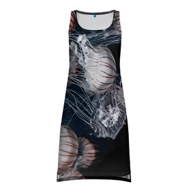 Платье-майка 3D с принтом Медузы в Петрозаводске, 100% полиэстер | полуприлегающий силуэт, широкие бретели, круглый вырез горловины, удлиненный подол сзади. | глубина | медузы | море | морские обитатели | океан | подводный мир