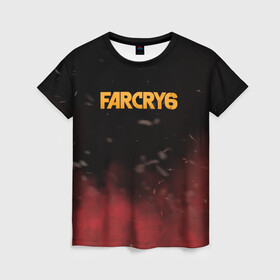 Женская футболка 3D с принтом Far Cry 6 в Петрозаводске, 100% полиэфир ( синтетическое хлопкоподобное полотно) | прямой крой, круглый вырез горловины, длина до линии бедер | far cry 6 | дым | игра | лого | надпись | частицы