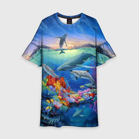 Детское платье 3D с принтом Киты и дельфины в Петрозаводске, 100% полиэстер | прямой силуэт, чуть расширенный к низу. Круглая горловина, на рукавах — воланы | горы | дельфины | закат солнца | киты | кораллы | море | океан | подводный мир
