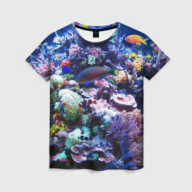 Женская футболка 3D с принтом Коралловые рыбки в Петрозаводске, 100% полиэфир ( синтетическое хлопкоподобное полотно) | прямой крой, круглый вырез горловины, длина до линии бедер | коралловые | кораллы | море | морские обитатели | океан | подводный мир | рыбки