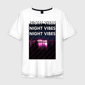 Мужская футболка хлопок Oversize с принтом Ночная гладь в Петрозаводске, 100% хлопок | свободный крой, круглый ворот, “спинка” длиннее передней части | neon | night city | retrowave | вода | неон | ночь | отражение | полосы | ретровейв | свет