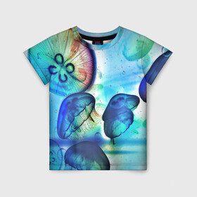 Детская футболка 3D с принтом Медузы в море в Петрозаводске, 100% гипоаллергенный полиэфир | прямой крой, круглый вырез горловины, длина до линии бедер, чуть спущенное плечо, ткань немного тянется | медуза | медузы | море | морская фауна | морские жители | подводный мир
