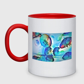 Кружка двухцветная с принтом Медузы в море в Петрозаводске, керамика | объем — 330 мл, диаметр — 80 мм. Цветная ручка и кайма сверху, в некоторых цветах — вся внутренняя часть | Тематика изображения на принте: медуза | медузы | море | морская фауна | морские жители | подводный мир