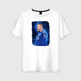 Женская футболка хлопок Oversize с принтом Джейми Варди Jamie Vardy в Петрозаводске, 100% хлопок | свободный крой, круглый ворот, спущенный рукав, длина до линии бедер
 | jamie vardy | king power | lester city | англия | британия | джейми варди | известные личности | лестер сити | мужчинам | спорт | спортсмены | футбол | футболист | хобби | эмоции