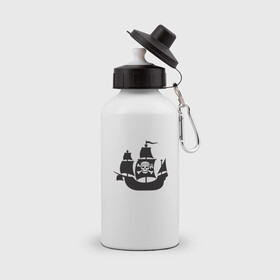 Бутылка спортивная с принтом Пиратский корабль в Петрозаводске, металл | емкость — 500 мл, в комплекте две пластиковые крышки и карабин для крепления | ships | корабли | кораблики | корабль | пират | пиратский | пиратский флаг | череп