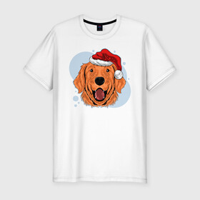 Мужская футболка хлопок Slim с принтом Рождественский пёс в Петрозаводске, 92% хлопок, 8% лайкра | приталенный силуэт, круглый вырез ворота, длина до линии бедра, короткий рукав | животные | новый год | праздник | рождество | собака