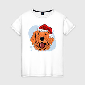 Женская футболка хлопок с принтом Рождественский пёс в Петрозаводске, 100% хлопок | прямой крой, круглый вырез горловины, длина до линии бедер, слегка спущенное плечо | животные | новый год | праздник | рождество | собака