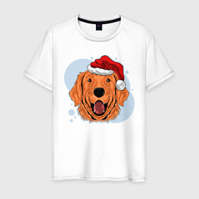 Мужская футболка хлопок с принтом Рождественский пёс в Петрозаводске, 100% хлопок | прямой крой, круглый вырез горловины, длина до линии бедер, слегка спущенное плечо. | животные | новый год | праздник | рождество | собака