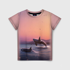 Детская футболка 3D с принтом касатки в Петрозаводске, 100% гипоаллергенный полиэфир | прямой крой, круглый вырез горловины, длина до линии бедер, чуть спущенное плечо, ткань немного тянется | Тематика изображения на принте: ocean | orca | sea | sea animal | дельфин | закат | касатка | кит | море | океан | рисунок кита