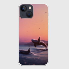 Чехол для iPhone 13 mini с принтом касатки в Петрозаводске,  |  | ocean | orca | sea | sea animal | дельфин | закат | касатка | кит | море | океан | рисунок кита