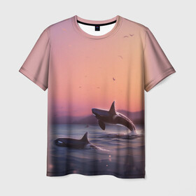 Мужская футболка 3D с принтом касатки в Петрозаводске, 100% полиэфир | прямой крой, круглый вырез горловины, длина до линии бедер | Тематика изображения на принте: ocean | orca | sea | sea animal | дельфин | закат | касатка | кит | море | океан | рисунок кита