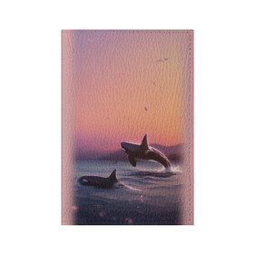 Обложка для паспорта матовая кожа с принтом касатки в Петрозаводске, натуральная матовая кожа | размер 19,3 х 13,7 см; прозрачные пластиковые крепления | ocean | orca | sea | sea animal | дельфин | закат | касатка | кит | море | океан | рисунок кита