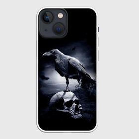 Чехол для iPhone 13 mini с принтом ЧЕРЕП И ВОРОН в Петрозаводске,  |  | birds | black | crown | death | horror | metal | skull | арт | ворон | зомби | кости | птицы | скелет | череп | черный