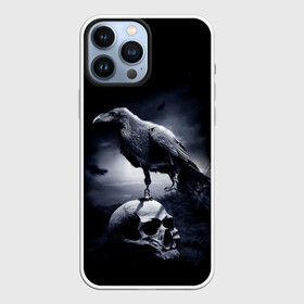 Чехол для iPhone 13 Pro Max с принтом ЧЕРЕП И ВОРОН в Петрозаводске,  |  | birds | black | crown | death | horror | metal | skull | арт | ворон | зомби | кости | птицы | скелет | череп | черный