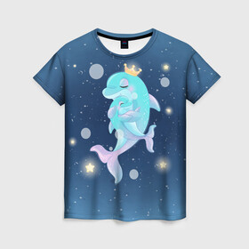 Женская футболка 3D с принтом Два дельфина в Петрозаводске, 100% полиэфир ( синтетическое хлопкоподобное полотно) | прямой крой, круглый вырез горловины, длина до линии бедер | cute | dolphin | два дельфина | дельфин | дельфинами | милый | мир | подводный