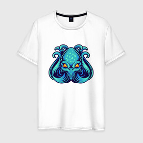Мужская футболка хлопок с принтом Голубой осьминог в Петрозаводске, 100% хлопок | прямой крой, круглый вырез горловины, длина до линии бедер, слегка спущенное плечо. | cute | kraken | octopus | живность | жители | кракен | милый | мир | морские | осьминог | осьминожка | подводный | тентакли
