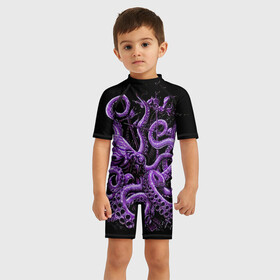 Детский купальный костюм 3D с принтом Фиолетовый Кракен в Петрозаводске, Полиэстер 85%, Спандекс 15% | застежка на молнии на спине | animal | beast | kraken | ocean | octopus | sea | ship | water | вода | животные | звери | корабль | кракен | море | океан | осьминог | рыбы | щупальца