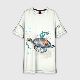 Детское платье 3D с принтом черепашка в Петрозаводске, 100% полиэстер | прямой силуэт, чуть расширенный к низу. Круглая горловина, на рукавах — воланы | Тематика изображения на принте: ocean | sea | sea animal | акварель | водоросли | графика | море | океан | подводный мир | черепаха