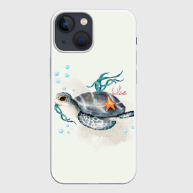 Чехол для iPhone 13 mini с принтом черепашка в Петрозаводске,  |  | ocean | sea | sea animal | акварель | водоросли | графика | море | океан | подводный мир | черепаха