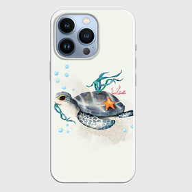 Чехол для iPhone 13 Pro с принтом черепашка в Петрозаводске,  |  | ocean | sea | sea animal | акварель | водоросли | графика | море | океан | подводный мир | черепаха