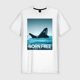 Мужская футболка хлопок Slim с принтом рожденная свободной в Петрозаводске, 92% хлопок, 8% лайкра | приталенный силуэт, круглый вырез ворота, длина до линии бедра, короткий рукав | ocean | orca | sea | sea animal | дельфин | касатка | кит | море | океан | рисунок кита