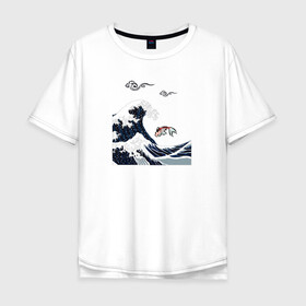 Мужская футболка хлопок Oversize с принтом Карп кои в Петрозаводске, 100% хлопок | свободный крой, круглый ворот, “спинка” длиннее передней части | Тематика изображения на принте: волна | карпы кои | океан | рыба | японские карпы