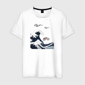 Мужская футболка хлопок с принтом Карп кои в Петрозаводске, 100% хлопок | прямой крой, круглый вырез горловины, длина до линии бедер, слегка спущенное плечо. | волна | карпы кои | океан | рыба | японские карпы
