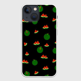 Чехол для iPhone 13 mini с принтом Арбуз на черном фоне в Петрозаводске,  |  | food | pattern | red | ripe | round | seeds | slice | slices | small | summer | watermelon | whole | арбуз | горох | еда | красный | круглый | кусочки | летний | ломтик | мелкий | нарезанный | паттерн | пища | семечки | спелый | целый