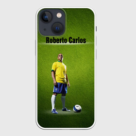 Чехол для iPhone 13 mini с принтом Roberto Carlos в Петрозаводске,  |  | ball | green | roberto carlos | roberto carlos lettering | roberto carlos print | soccer field | зеленый | мяч | надпись роберто карлос | номер 3 | принт роберто карлос | роберто карлос | футболист | футбольное по