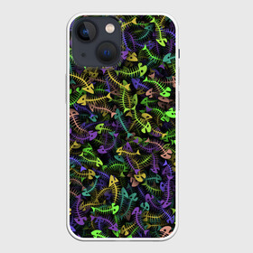 Чехол для iPhone 13 mini с принтом Neon Fish Bone в Петрозаводске,  |  | bone | deadfish | fish | fishbone | neon | дохлая | кости | кость | неон | неоновый | паттерн | рыба | рыбки | рыбы | рыбья | скелет