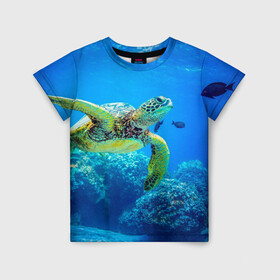 Детская футболка 3D с принтом Морская черепаха в Петрозаводске, 100% гипоаллергенный полиэфир | прямой крой, круглый вырез горловины, длина до линии бедер, чуть спущенное плечо, ткань немного тянется | морская черепаха | океан | подводный мир | черепаха
