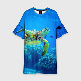 Детское платье 3D с принтом Морская черепаха в Петрозаводске, 100% полиэстер | прямой силуэт, чуть расширенный к низу. Круглая горловина, на рукавах — воланы | Тематика изображения на принте: морская черепаха | океан | подводный мир | черепаха