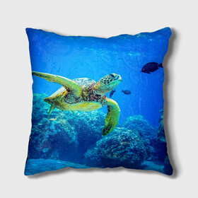 Подушка 3D с принтом Морская черепаха в Петрозаводске, наволочка – 100% полиэстер, наполнитель – холлофайбер (легкий наполнитель, не вызывает аллергию). | состоит из подушки и наволочки. Наволочка на молнии, легко снимается для стирки | Тематика изображения на принте: морская черепаха | океан | подводный мир | черепаха