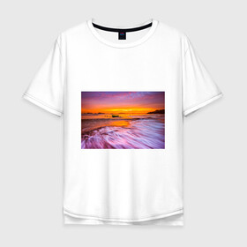 Мужская футболка хлопок Oversize с принтом Закат на пляже в Петрозаводске, 100% хлопок | свободный крой, круглый ворот, “спинка” длиннее передней части | закат | лето | лодка на берегу | пляж